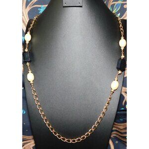 Elegant Black And White Beaded Station Necklace On Gold Tone Chain